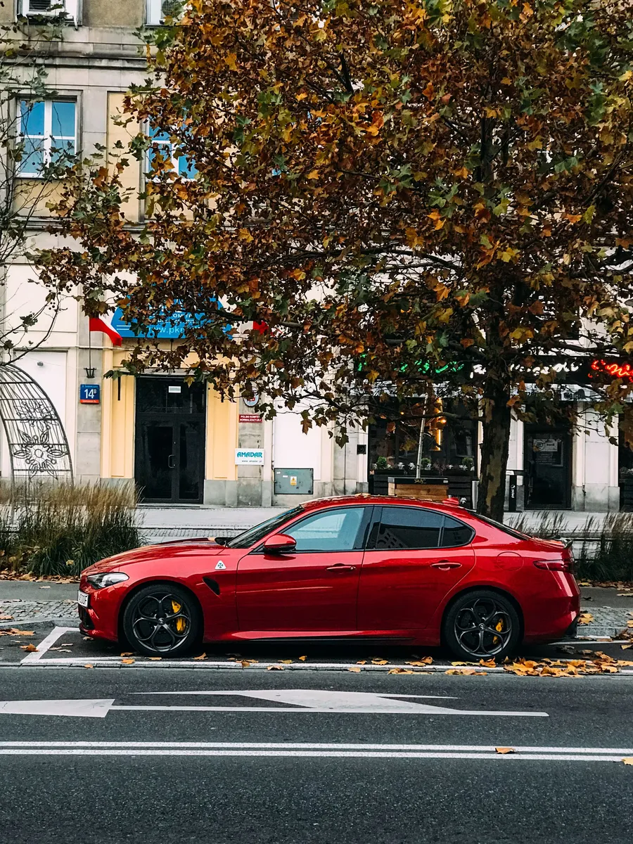 Carro rojo estacionado bajo los árboles de una calle